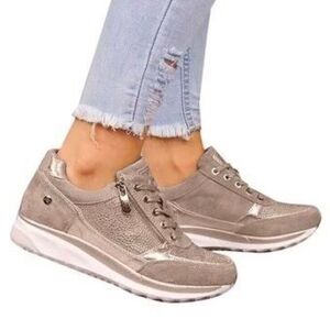 New Metallic Gold Tan White Zip Up Lace Up Bandage Trainers Women’s Size 6